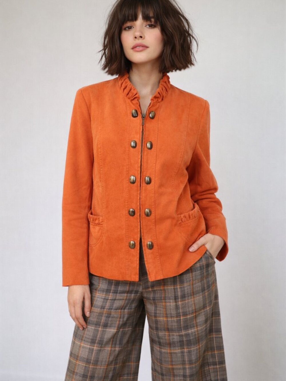 Faux suede burnt orange ruffled neck zippered light weight jacket blazer